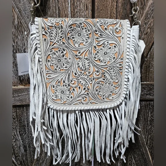 NWT White Genuine Leather White and Tan Fringe Shoulder Crossbody Messenger Bag